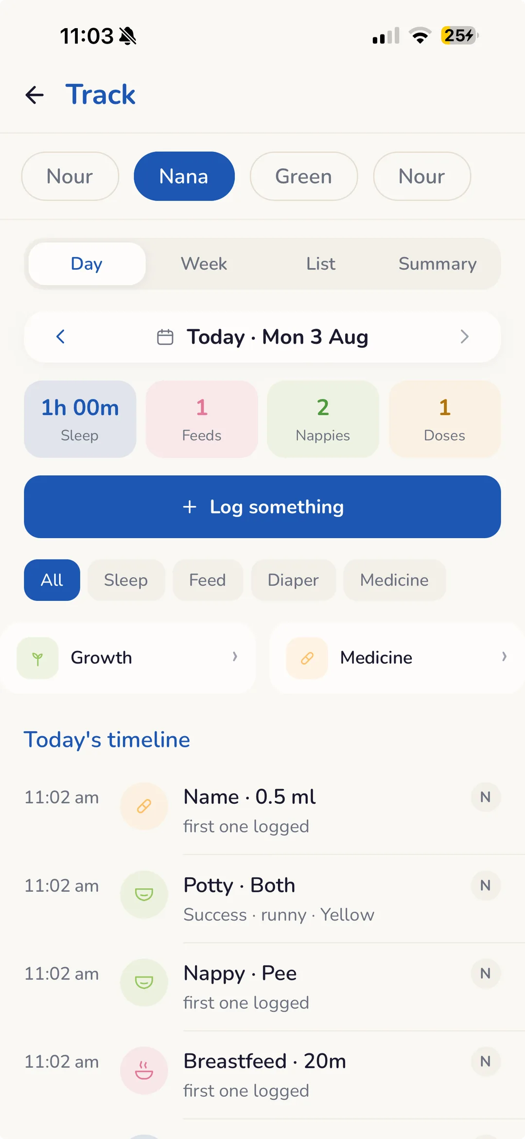 Brightr’s tracker hub showing sleep, feeds, nappies, growth, temperature and medicine