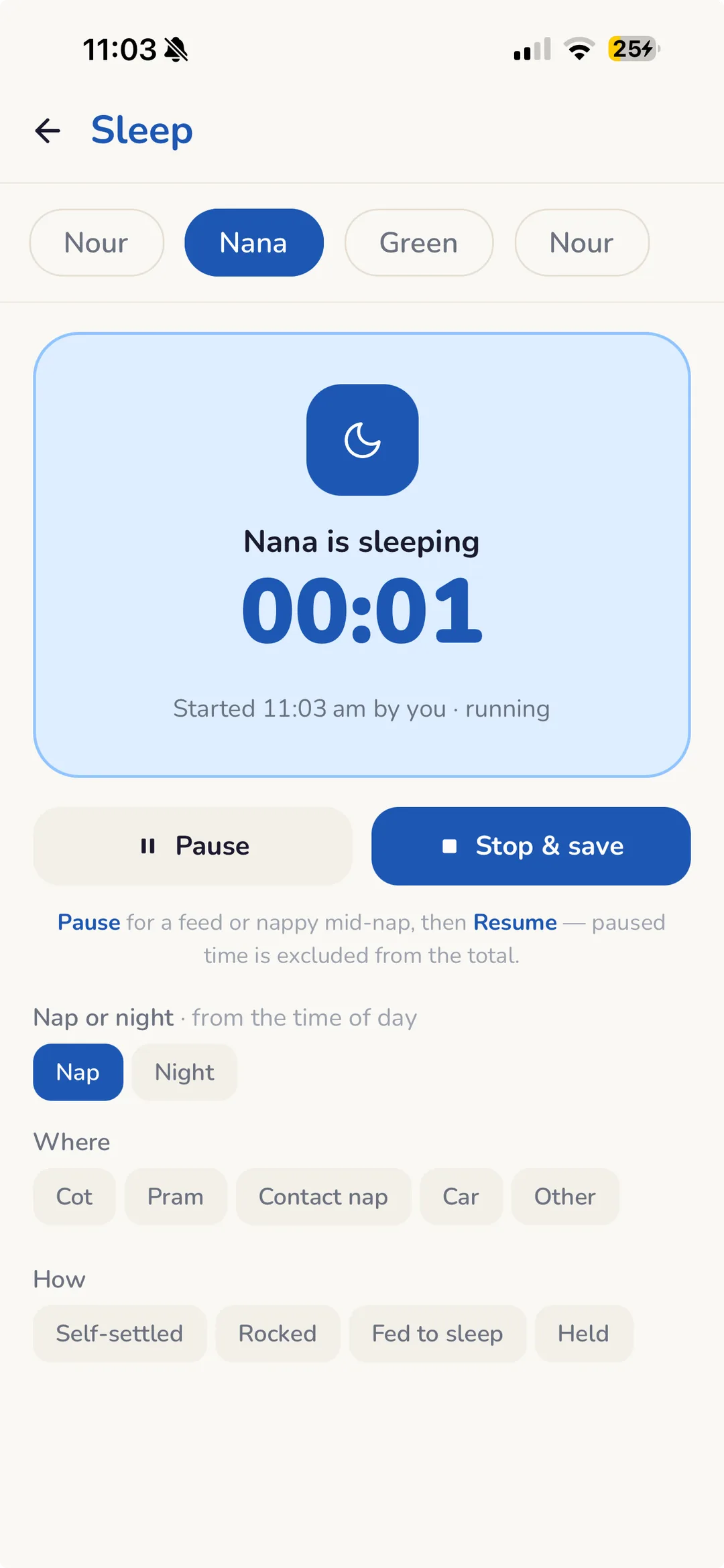 Brightr’s sleep logger with a live timer running