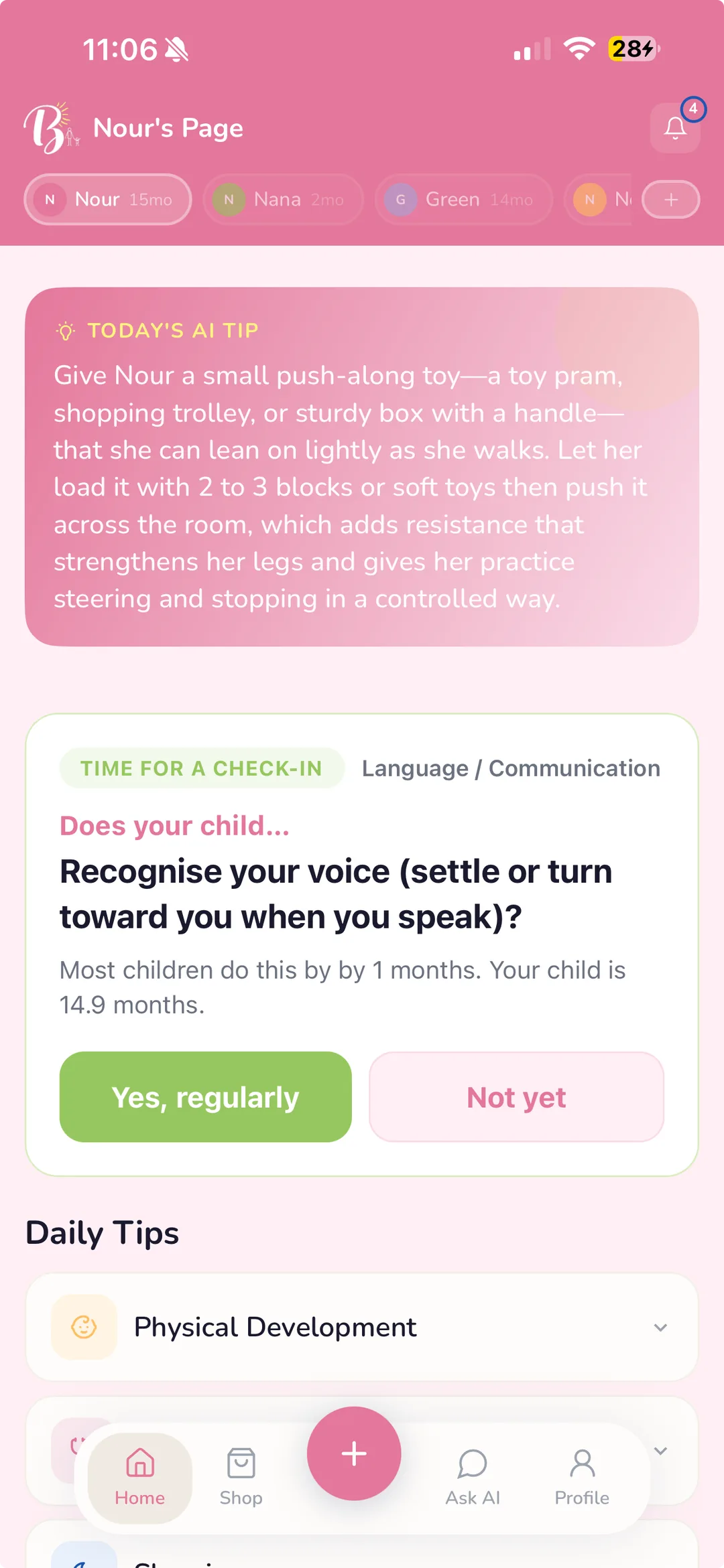 The Brightr home screen in Pink Mode