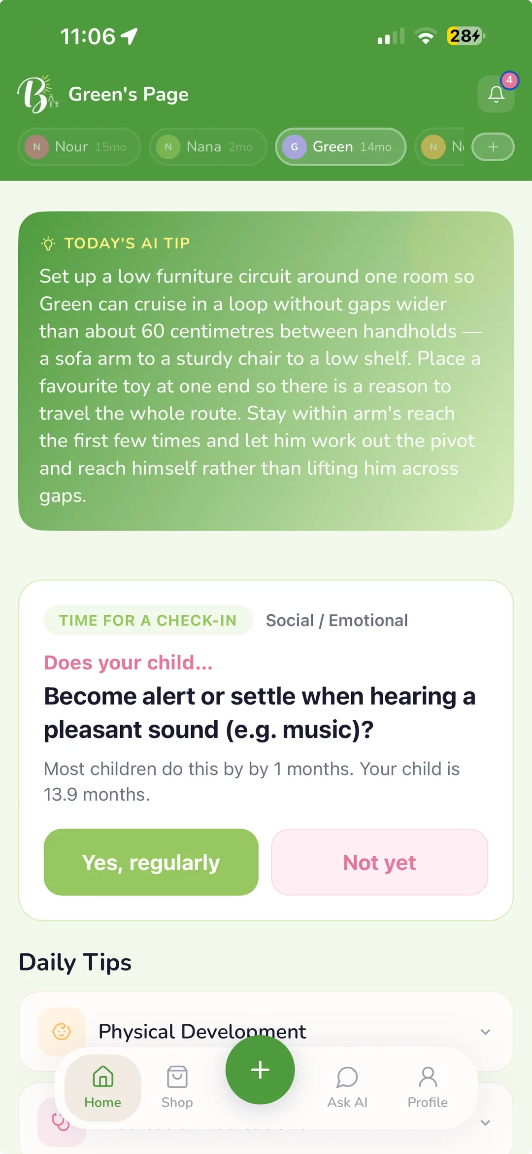 The Brightr home screen in Green Mode